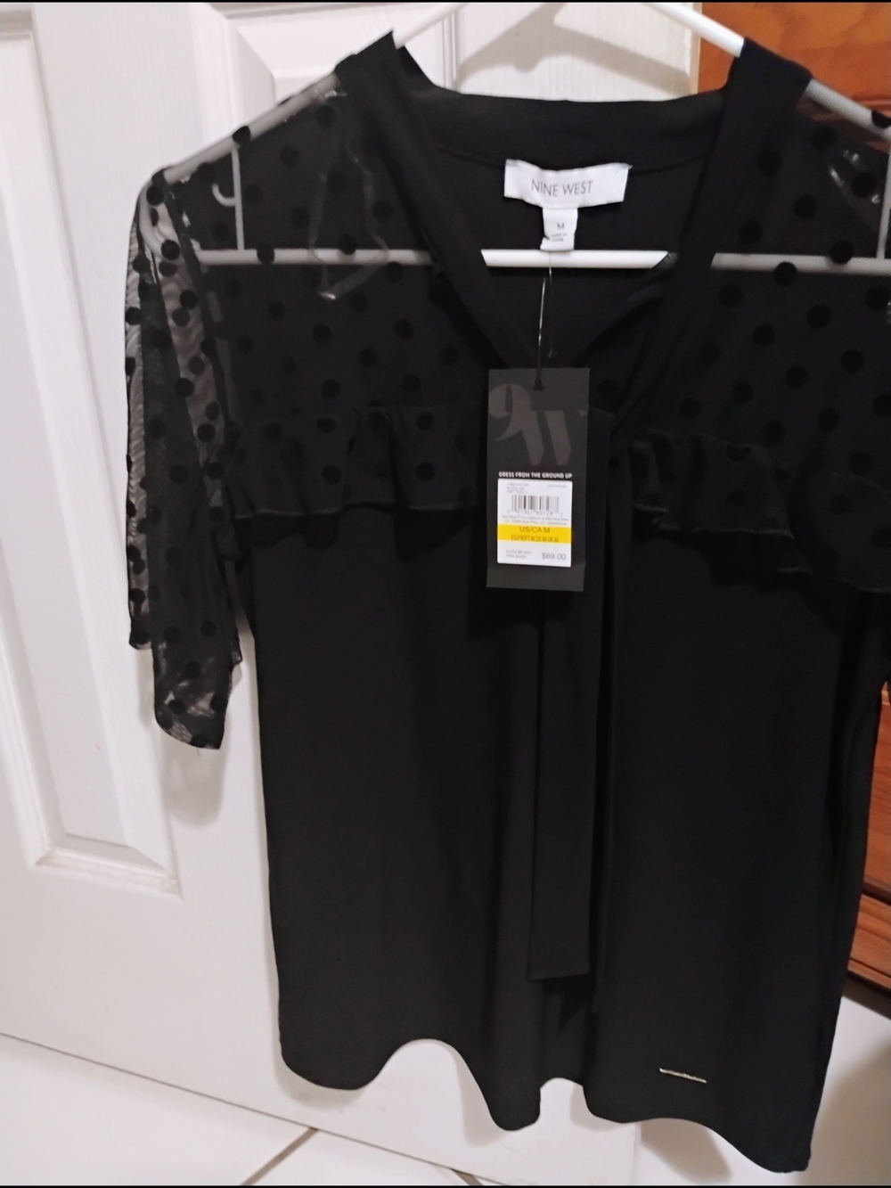 Nine West Black Polka Dot Mesh Sleeve Blouse